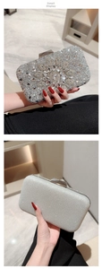 Close-up of sparkling rhinestones and silver glitter texture on luxury evening clutch