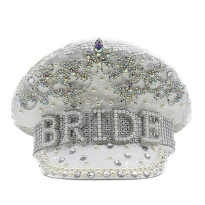 White bridal captain hat with sequins, pearls, and rhinestone BRIDE lettering for parties