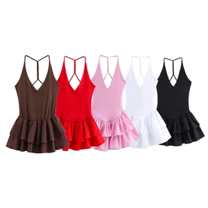 Sleeveless backless V-neck mini dress with ruffled hem in five assorted colors