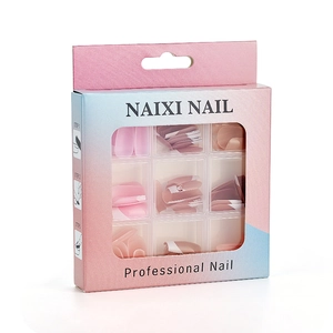 Press-on nail set in gradient pink french design with rhinestones in window gift box