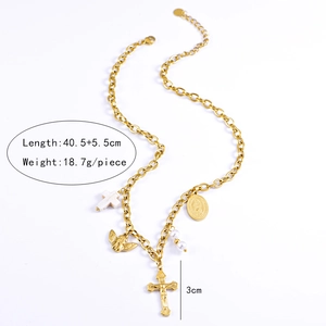 Detail view of a golden cross and coin pendant necklace with size labels and weight info