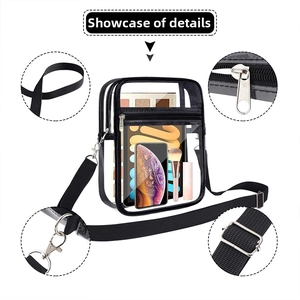 Detailed view of clear PVC crossbody bag showing internal storage and hardware parts