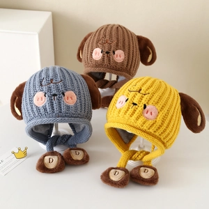 Children Knitted Earflap Hat Warm Winter Fleece Lined Cartoon Dog Ear Plush Animal Embroidery Windproof Outdoor Headwear