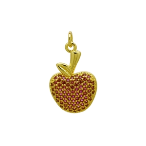 Macro detail of apple pendant with pink zircon pave setting and gold leaf detail