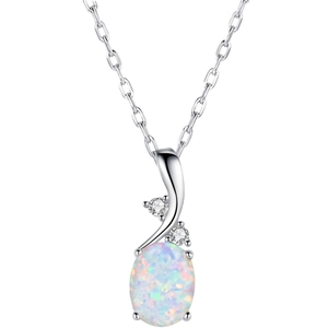 Elegant silver necklace featuring an oval opal pendant with sparkling zircon accents