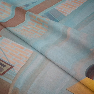 Macro view of geometric architectural pattern on soft woven tapestry fabric texture