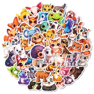Close-up of assorted waterproof cartoon animal stickers with colorful hand-drawn patterns