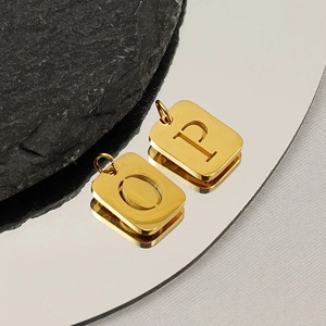 Golden square cutout letter P and O pendants in polished stainless steel for DIY jewelry