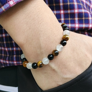 Fashionable moonstone and tiger eye beaded bracelet for men with tricolor natural stones