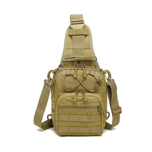 Front view of khaki tactical chest bag with MOLLE system and waterproof oxford fabric