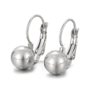 Polished silver stainless steel ball drop earrings with secure leverback closures