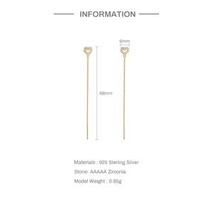 Detail view of S925 sterling silver heart tassel earrings with 68mm length dimensions