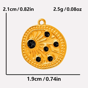 Detail view of 18k gold plated irregular pendant with five black stones and dimensions
