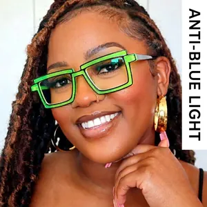 Neon green rectangular TR90 anti-blue light glasses with a trendy thick frame design