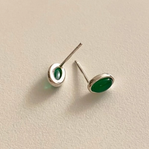 Minimalist 925 sterling silver stud earrings featuring oval green agate gemstones