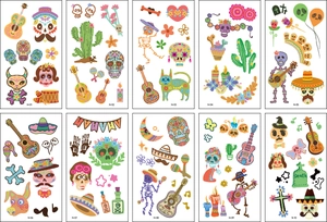 Set of 10 colorful Day of the Dead cartoon temporary tattoos featuring skulls and guitars