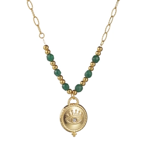 Bohemian gold titanium necklace with emerald beads and embossed evil eye coin pendant