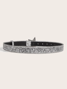 Detail of silver glitter belt with a geometric metal buckle for women's fashion waist decor