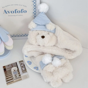 Three-in-one plush bear hat and scarf set in cream white for winter warmth