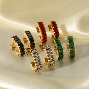 18K gold plated stainless steel C-shaped earrings with colorful square zircon stones