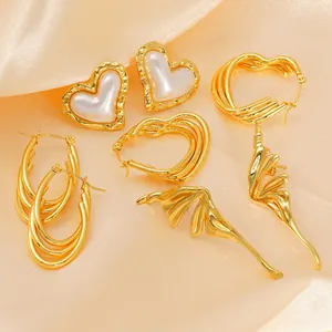 Heart Wing Earrings 18K Gold Plated Stainless Steel Multi Layer Hoop Studs Irregular Minimalist Artificial Pearl Jewelry For Women