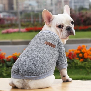 Detail of grey knitted pet sweater with classic leather patch on dog back