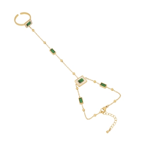 Gold stainless steel slave bracelet with emerald heart and mother of pearl accents