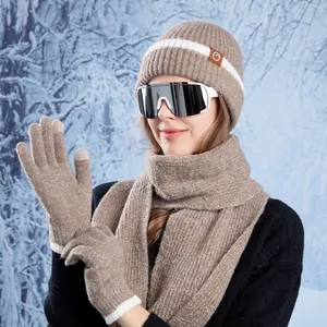 Winter Knitted Beanie Scarf And Touchscreen Gloves Striped Warm Windproof Outdoor Fashionable For Women