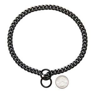 Detailed top view of 10mm black stainless steel Cuban dog chain with size reference coin