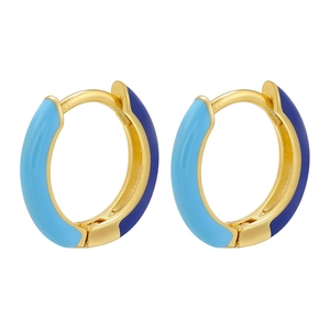 Minimalist gold hoop earrings with contrast sky blue and deep blue enamel inlays