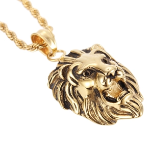 Close-up of golden lion head pendant with intricate mane textures and gold rope chain