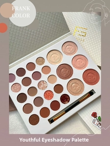 Macro detail of 25-color eyeshadow palette with matte and shimmer shades and brush