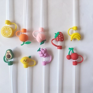 Detailed collection of cartoon fruit silicone straw toppers in nine diverse colorful shapes