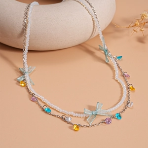 Double-layered beaded bow necklace with stainless steel and colorful zircon crystals