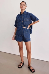 Deep blue denim two-piece set with short sleeve lapel shirt and elastic waist shorts