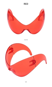 Front and side views of futuristic red Y2K oversized wrap-around sunglasses