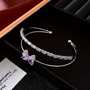 Double Layer Open Bracelet Copper With Pink Zircon Bow And Rectangular Zircon Adjustable Bangle Sweet Elegant Women