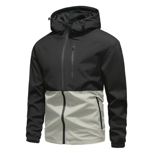 Giacca da uomo impermeabile con cappuccio e design color-block nero e grigio sportiva