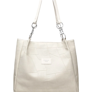 White faux leather tote bag with geometric stitching and metal chain handles for women