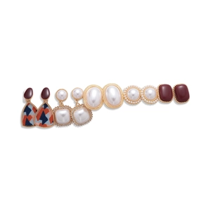 Set of five retro pearl and resin geometric earrings in gold and floral styles