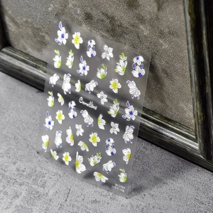 5D embossed camellia nail stickers with white flower designs for elegant nail art decoration