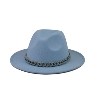 Macro detail of sky blue wool fedora hat featuring a stylish thick grey chain trim