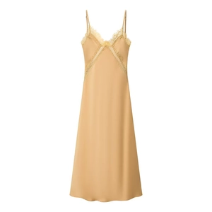 Elegant champagne satin midi slip dress with intricate lace trim and thin straps