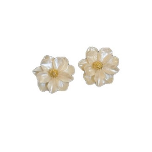 Elegant floral stud earrings in pearlescent cream white with detailed layered petals