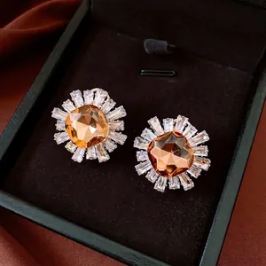 18k gold plated vintage sunflower earrings with amber crystal and zircon petals