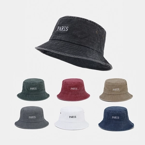 Vintage Washed Cotton Bucket Hat Paris Letter Embroidery Retro Distressed Style Sun Protection Outdoor Casual Headwear