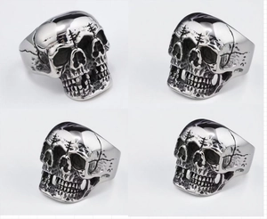 Detailed views of a gothic punk skull ring in retro silver stainless steel with 3D carving