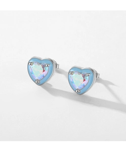 Detail of silver heart stud earrings with blue enamel and rainbow zircon stone