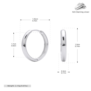 Detailed size chart for minimalist 925 sterling silver hoop earrings with dimensions