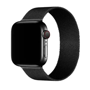 Black Milanese loop metal strap on black smartwatch with a red ring crown detail